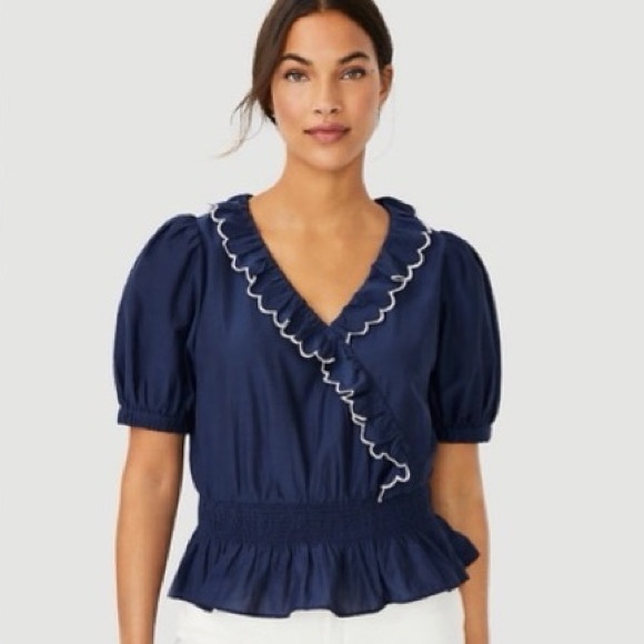 Ann Taylor Tops - Ann Taylor Navy Scalloped Edge Faux Wrap Top Sz SP